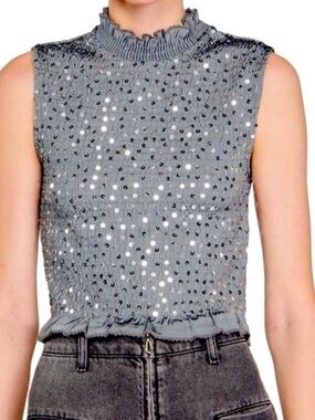Sandro Yahir smocked sequin tank top in gray **